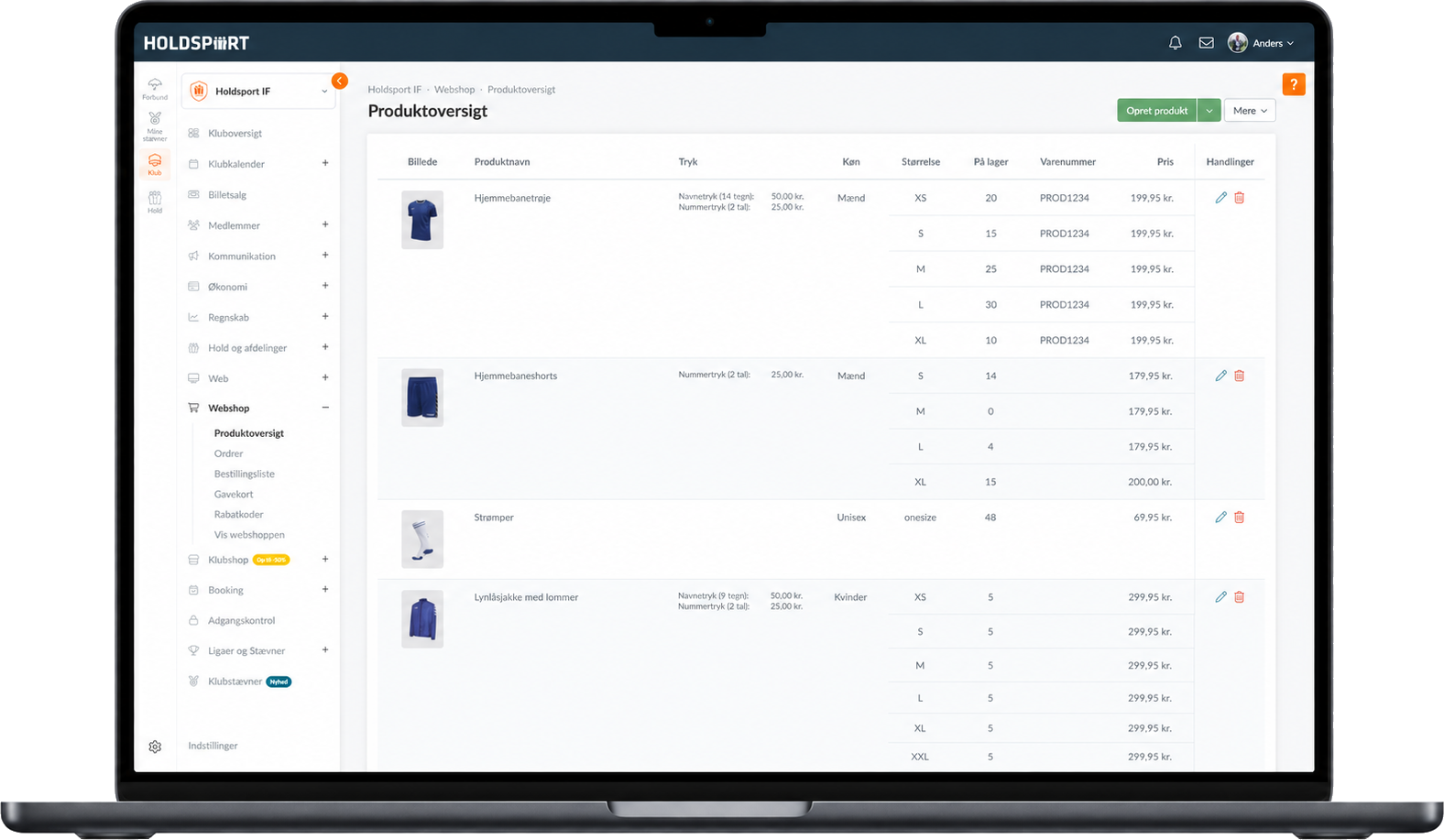 Produktoversigt i Holdsports webadministration – varer, størrelser, lager og priser