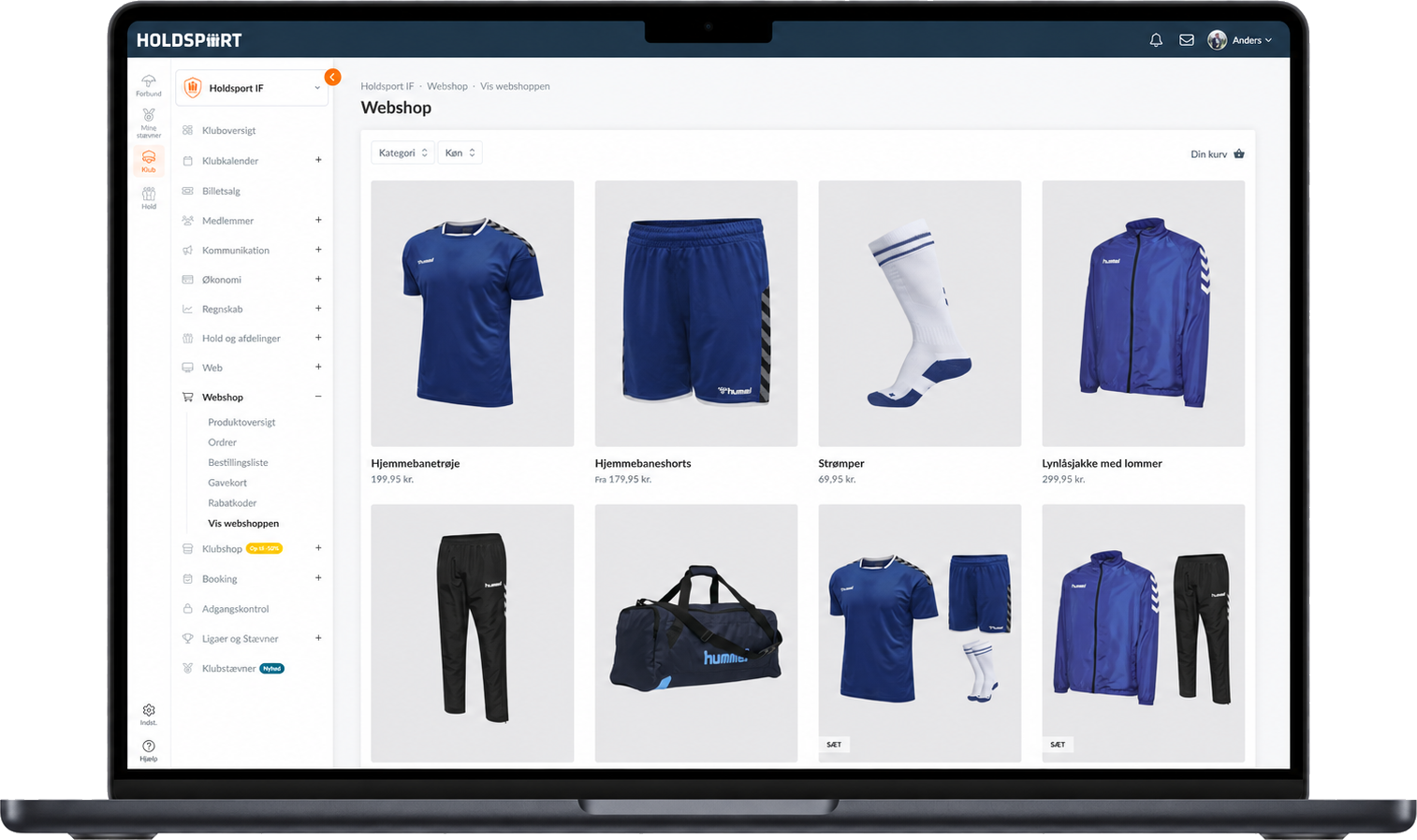 Holdsports webshop i webadministrationen – produktoversigt med klubtøj